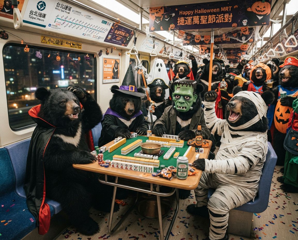 南瓜黑熊狂撈海底撈月,台灣黑熊快閃捷運,萬聖節不給糖就搗蛋改摸八萬,萬聖節不給糖就放砲摸兩圈,萬聖節不扮鬼改辦沉浸式麻將大賽,台灣熊愛打麻將,萬聖節不給糖就放砲摸兩圈,台灣黑熊打麻將,碰牌胡牌大三元,聽牌摸牌洗牌打麻將,台灣黑熊深夜突襲台北捷運板南線