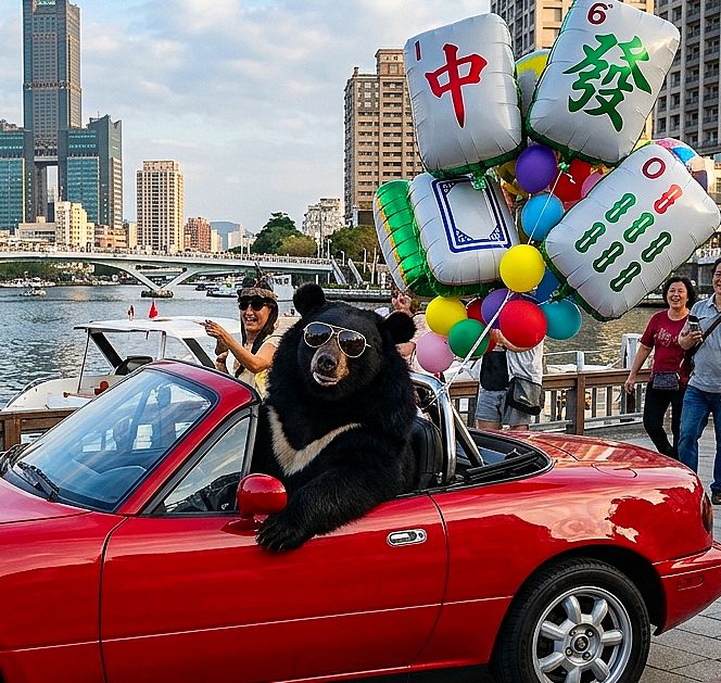 台灣黑熊,台灣熊愛打麻將,台灣黑熊打麻將,熊掌摸牌,愛河豪華遊艇麻將大賽,愛河灣神展開,高雄愛河碼頭賭神賽,高雄愛河灣大三元