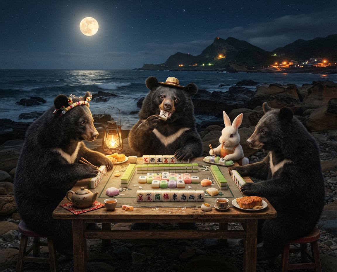 台灣黑熊北海岸麻將激戰,麻將戰局自摸九條,戴老花眼鏡認真打麻將,台灣熊愛打麻將,台灣黑熊打麻將,碰牌胡牌大三元,台灣黑熊圍觀湊一桌,聽牌摸牌洗牌打麻將,台灣黑熊中秋熊掌碰碰胡