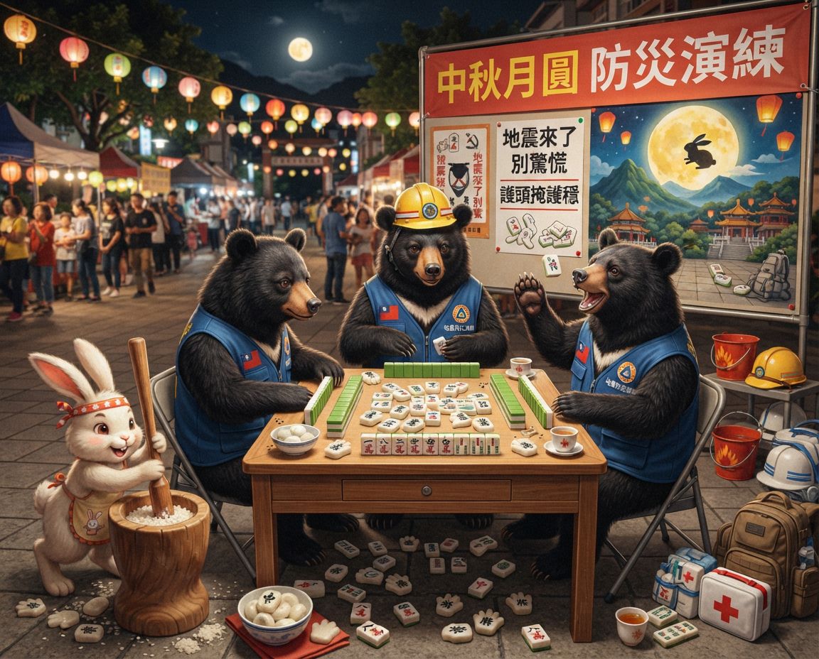 地震防災演練打麻將,台灣黑熊緊急避難演練,台灣黑熊麻將激戰自摸發財,麻將戰局自摸九條,戴老花眼鏡認真打麻將,台灣熊愛打麻將,台灣黑熊打麻將,碰牌胡牌大三元,台灣黑熊圍觀湊一桌,聽牌摸牌洗牌打麻將,台灣黑熊中秋熊掌碰碰胡