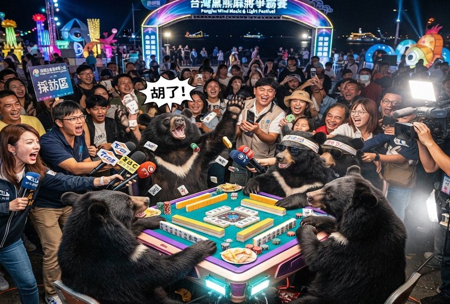 澎湖追風音樂燈光節揪團打麻將,台灣熊愛打麻將,彩虹橋大四喜,澎湖開桌,台灣黑熊突襲澎湖追風音樂燈光節,澎湖麻將樂園,澎湖必去摸牌景點,澎湖黑熊傳說,台灣黑熊麻將,台灣黑熊大鬧音樂祭現場