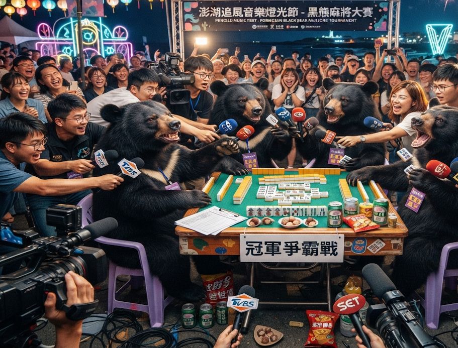 澎湖追風音樂燈光節揪團打麻將,台灣熊愛打麻將,彩虹橋大四喜,澎湖開桌,台灣黑熊突襲澎湖追風音樂燈光節,澎湖麻將樂園,澎湖必去摸牌景點,澎湖黑熊傳說,台灣黑熊麻將,台灣黑熊大鬧音樂祭現場