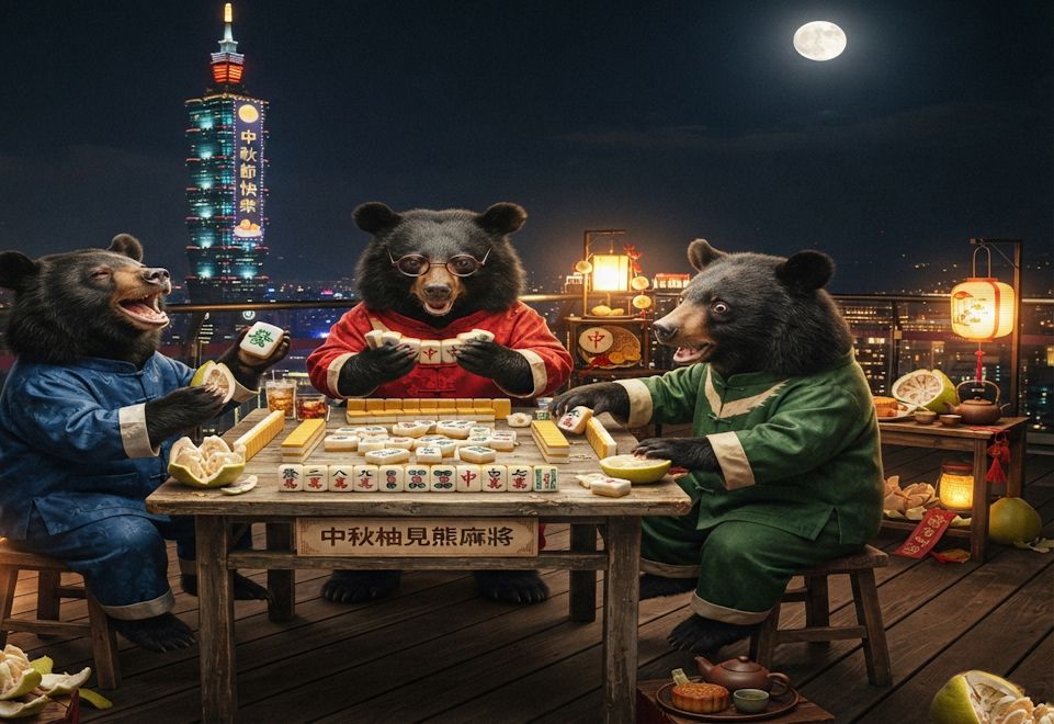 台灣黑熊深夜中秋烤肉派對,台灣黑熊中秋節聚會蛋黃酥吃到飽,麻將戰局自摸九條,台灣熊愛打麻將,台灣黑熊打麻將,碰牌胡牌大三元,中秋節的黑熊大亂鬥,聽牌摸牌洗牌打麻將,台灣黑熊中秋烤肉宴熊掌碰碰胡,邊烤肉邊大喊自摸,開桌摸八圈自摸碰碰胡