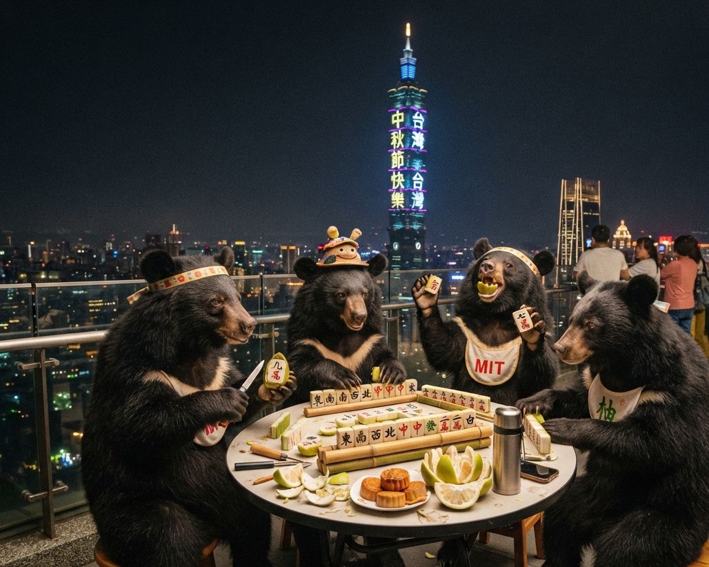 台灣黑熊深夜中秋烤肉派對,台灣黑熊中秋節聚會蛋黃酥吃到飽,麻將戰局自摸九條,台灣熊愛打麻將,台灣黑熊打麻將,碰牌胡牌大三元,中秋節的黑熊大亂鬥,聽牌摸牌洗牌打麻將,台灣黑熊中秋烤肉宴熊掌碰碰胡,邊烤肉邊大喊自摸,開桌摸八圈自摸碰碰胡