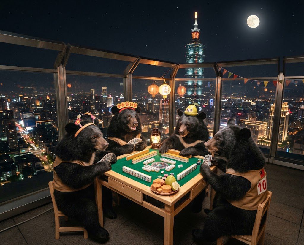台灣黑熊深夜中秋烤肉派對,台灣黑熊中秋節聚會蛋黃酥吃到飽,麻將戰局自摸九條,台灣熊愛打麻將,台灣黑熊打麻將,碰牌胡牌大三元,中秋節的黑熊大亂鬥,聽牌摸牌洗牌打麻將,台灣黑熊中秋烤肉宴熊掌碰碰胡,邊烤肉邊大喊自摸,開桌摸八圈自摸碰碰胡