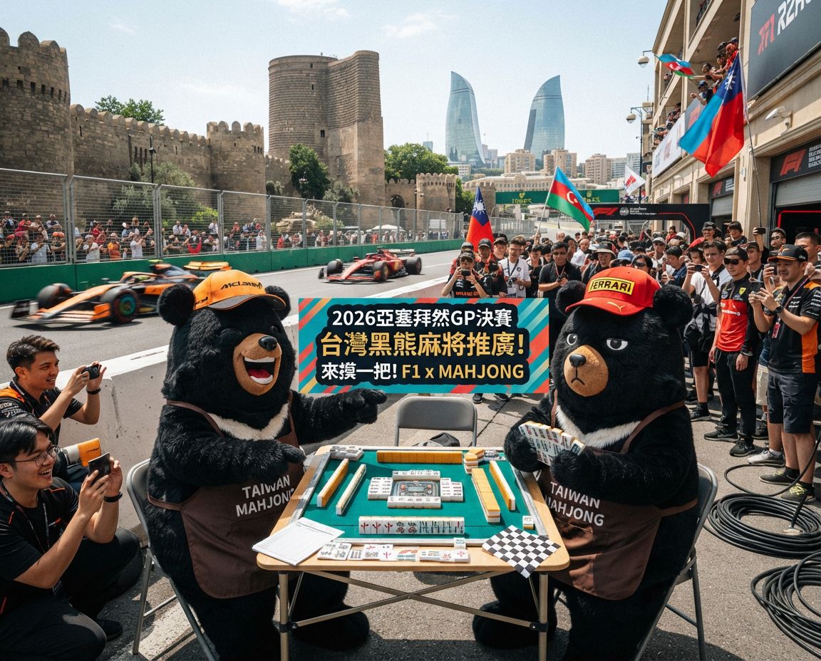 碰牌胡牌大三元,2026亞塞拜然GP決賽台灣黑熊圍觀湊一桌,台灣黑熊突襲巴庫賽道中央,聽牌摸牌洗牌打麻將,台灣黑熊麻將激戰自摸發財,台灣熊愛打麻將,台灣黑熊打麻將,台灣黑熊熊掌碰碰胡,台灣黑熊震撼登場,發財東南西北滿天飛,F1賽車過彎比摸牌還要刺激,滿貫自摸全壘打,F1太慢了來Baku打麻將,巴庫古城賽道驚見最萌麻將牌咖