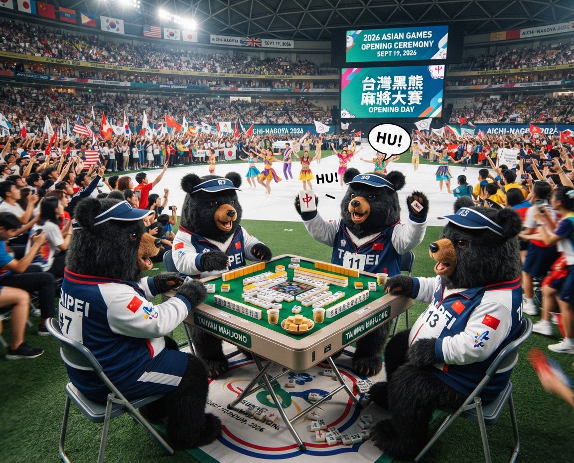 名古屋亞運開幕碰牌胡牌大三元,台灣黑熊圍觀湊一桌,聽牌摸牌洗牌打麻將,台灣黑熊名古屋亞運打麻將激戰自摸發財,台灣熊愛打麻將,台灣黑熊打麻將,台灣黑熊熊掌碰碰胡,台灣黑熊震撼登場,發財東南西北滿天飛,愛知名古屋亞運滿貫自摸全壘打