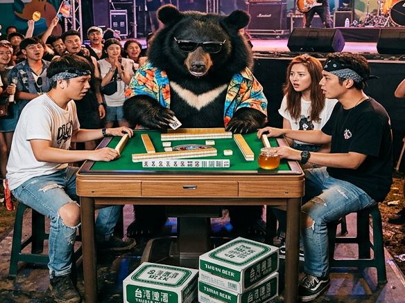 台灣黑熊,台灣熊愛打麻將,台灣黑熊打麻將,熊掌摸牌,國寶熊界雀聖,墾丁春吶音樂祭打麻將,墾丁南灣熊界傳奇,春吶麻將狂歡,墾丁麻將大賽,墾丁深夜奇觀,春吶黑熊賭聖降臨