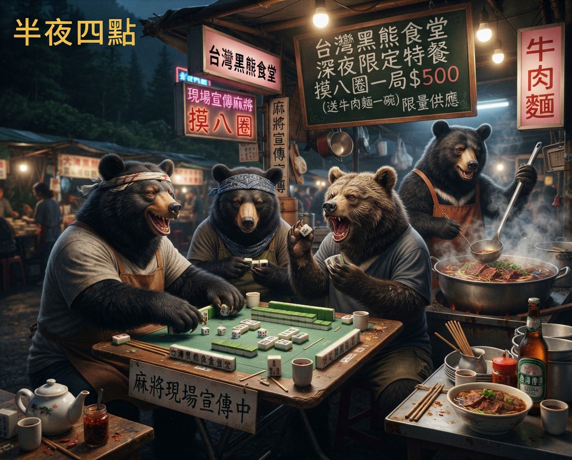 摸牌好運到牛肉麵吃到飽,邊煮牛肉麵邊打麻將,一邊吃麻辣牛肉麵一邊大喊胡啦,圍爐煮麵順便激戰麻將桌,半夜四點台灣黑熊大煮紅燒牛肉麵,碰牌胡牌大三元,台灣黑熊圍觀湊一桌,聽牌摸牌洗牌打麻將,台灣黑熊麻將激戰自摸發財,台灣熊愛打麻將,台灣黑熊打麻將,台灣黑熊熊掌碰碰胡,台灣黑熊震撼登場,發財東南西北滿天飛,滿貫自摸全壘打