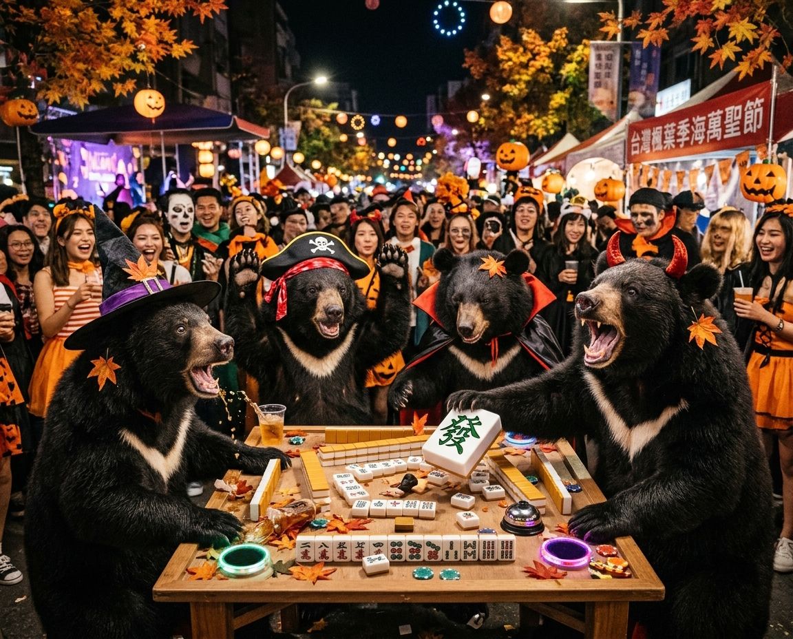 台灣黑熊深夜突襲楓葉季萬聖節派對,麻將戰局橘色南瓜燈高高掛,台灣熊愛打麻將,台灣黑熊打麻將,碰牌胡牌大三元,萬聖節的黑熊大亂鬥,聽牌摸牌洗牌打麻將,台灣黑熊萬聖節群魔熊掌碰碰胡,台灣黑熊咆哮真人PK,楓葉季開桌自摸碰碰胡