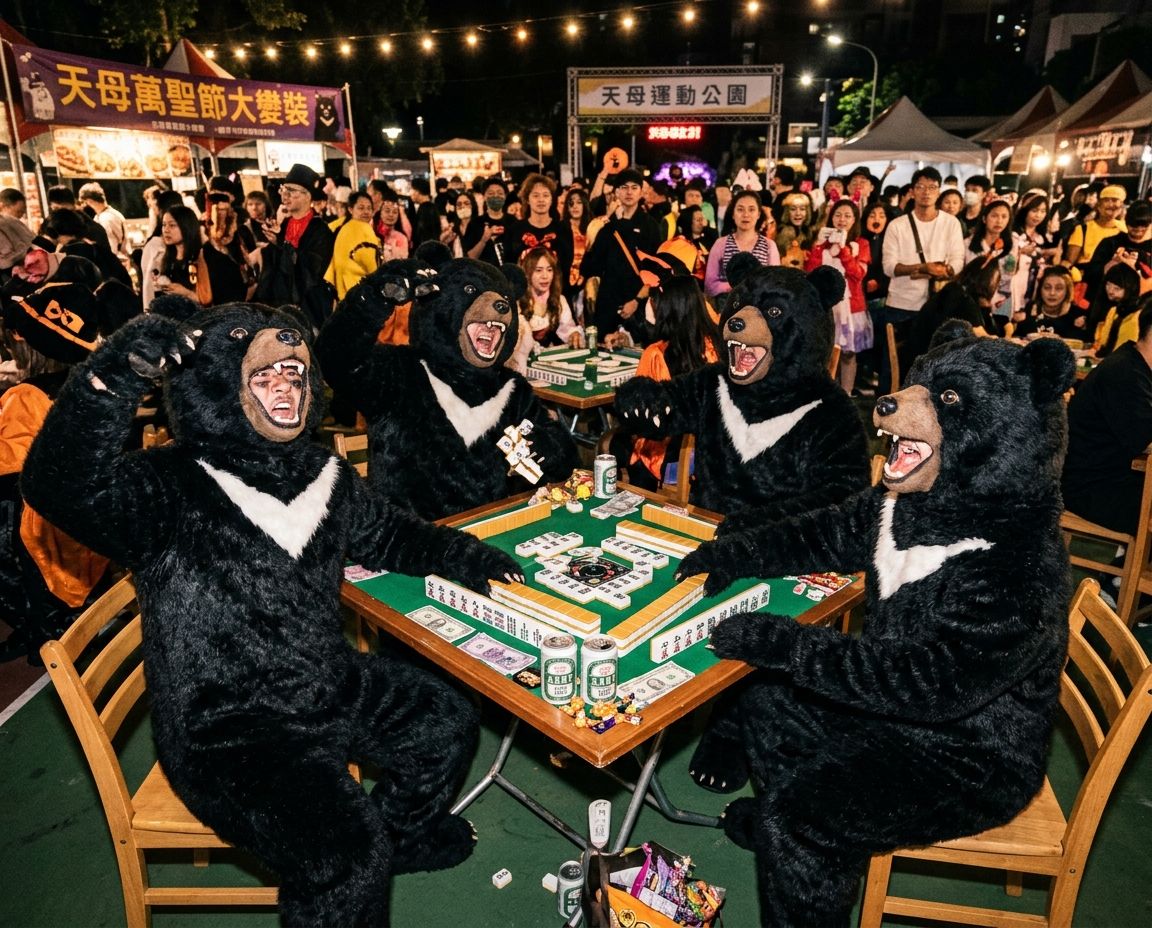台灣黑熊深夜突襲天母萬聖節派對,麻將戰局橘色南瓜燈高高掛,台灣熊愛打麻將,台灣黑熊打麻將,碰牌胡牌大三元,萬聖節的黑熊大亂鬥,聽牌摸牌洗牌打麻將,台灣黑熊萬聖節群魔熊掌碰碰胡,台灣黑熊咆哮真人PK,天母萬聖節開桌自摸碰碰胡