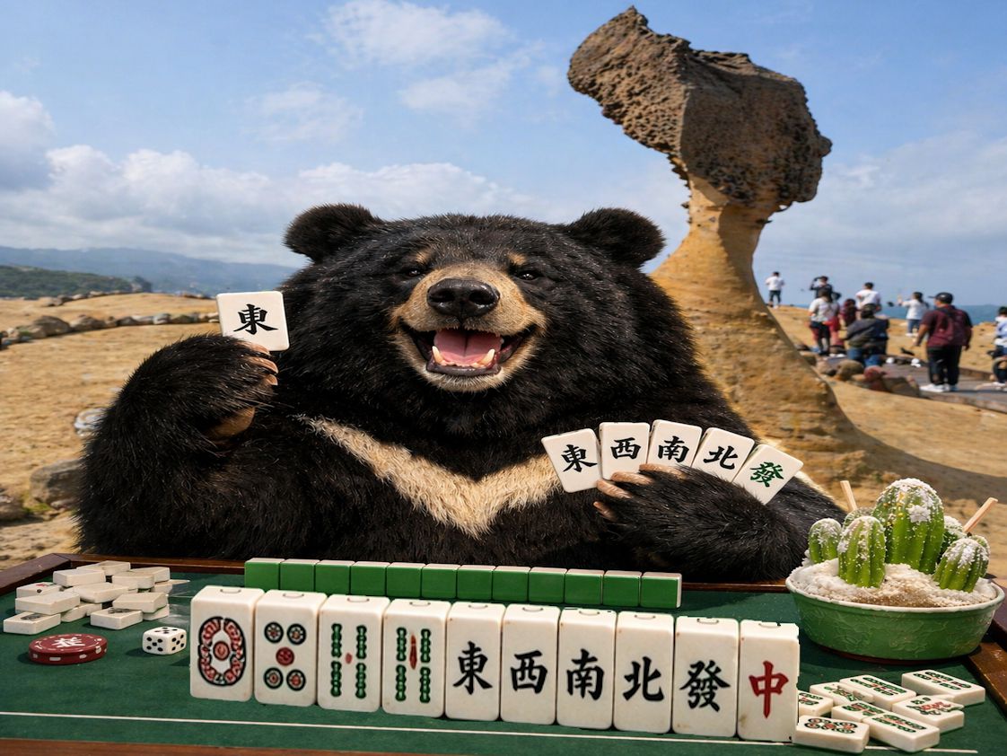 台灣黑熊,台灣熊愛打麻將,台灣黑熊打麻將,熊掌摸牌,北海岸最強手氣,野柳賭場開幕,熊界傳奇,野柳女王頭揪打牌
