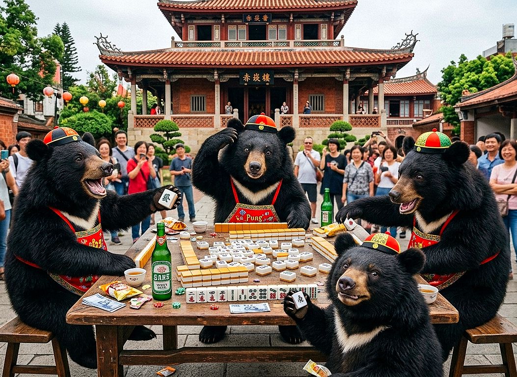 台灣黑熊,台灣熊愛打麻將,台灣黑熊打麻將,熊掌摸牌,台南名勝古蹟打麻將,台南赤崁樓揪團打牌,赤崁樓熊界傳奇,荷蘭赤崁樓台灣黑熊出沒