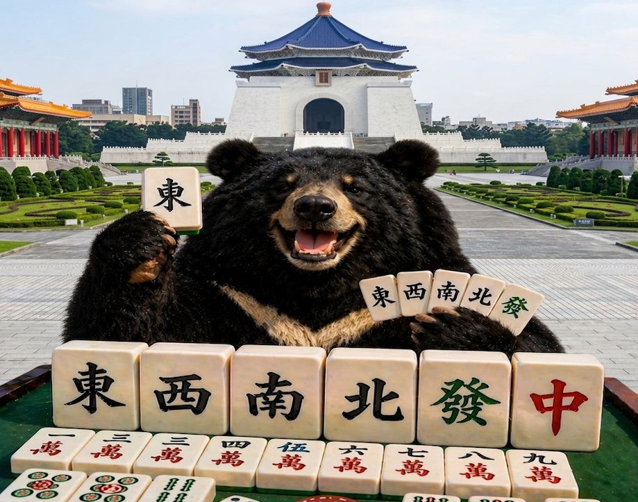 台灣黑熊,台灣熊愛打麻將,台灣黑熊打麻將,熊掌摸牌,自由廣場麻將大對決,台北中正紀念堂揪團打牌,中正紀念堂捕獲台灣黑熊,中正紀念堂三缺一急徵牌咖