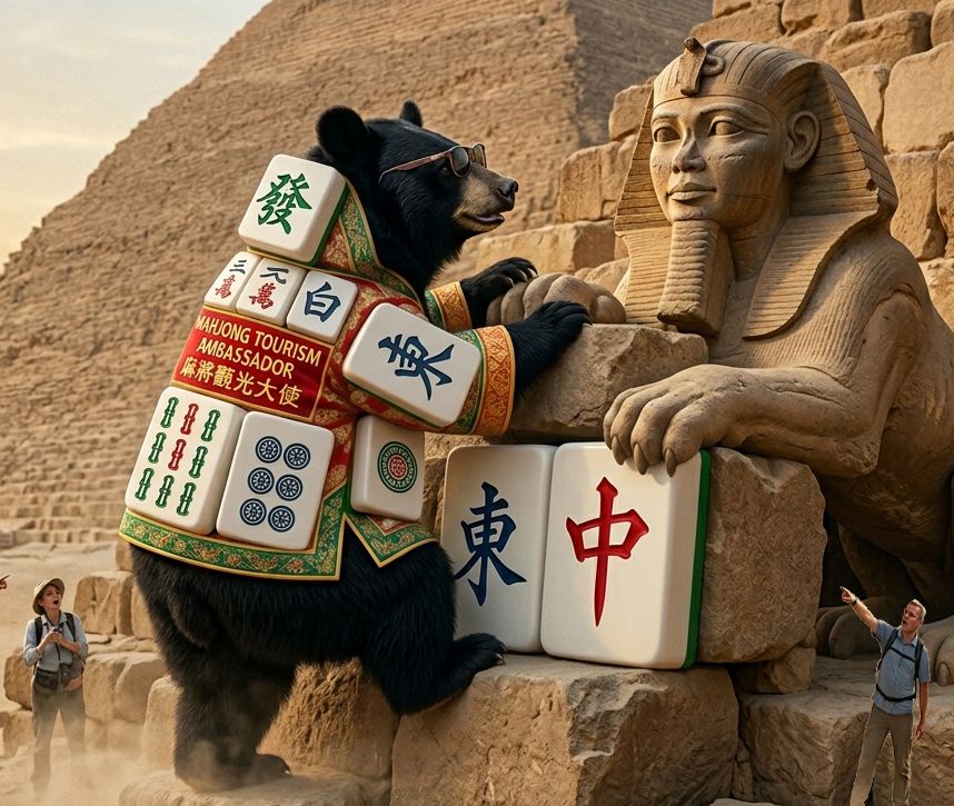 台灣黑熊,台灣熊愛打麻將,台灣黑熊打麻將,熊掌摸牌,給人面獅身餵牌,法老王也想打牌,尼羅河槓上開花,埃及麻將推廣大使,吉薩金字塔台灣黑熊出沒,黑熊開羅大冒險,台灣黑熊攀登埃及金字塔