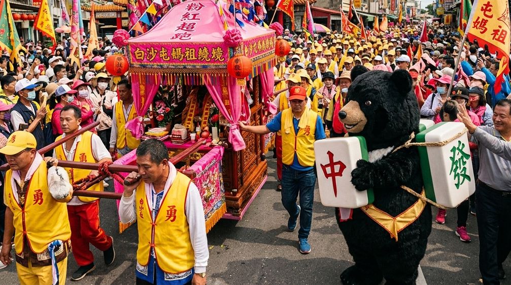 台灣黑熊,黑熊打麻將,繞境打麻將,白沙屯打麻將,超跑黑熊