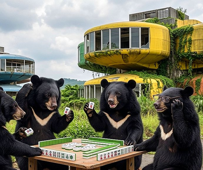 台灣黑熊,台灣熊愛打麻將,台灣黑熊打麻將,熊掌摸牌,飛碟屋大三元,三芝外星賭場,熊界傳奇,北海岸神祕牌局,廢墟風沉浸式賭場,三芝飛碟屋麻將大賽,神秘飛碟屋揪團打麻將